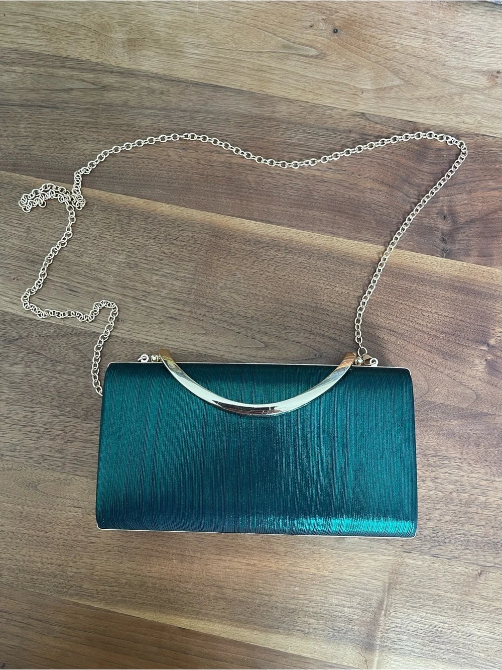 Elegant emerald green Satin Evening Clutch with Gold Handle